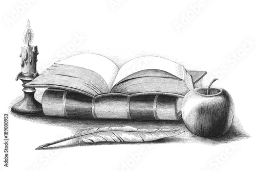 Books stack with apple,quill pen,candle hand drawing vintage engraving illustration