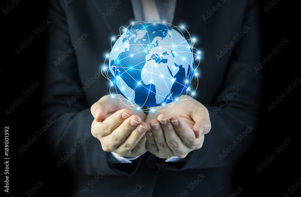 Business woman hand holding global network connection design Business woman hand holding global network connection design