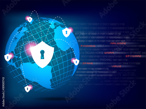 Cyber Security Concept : Shield protect world global network on binary code white background.
