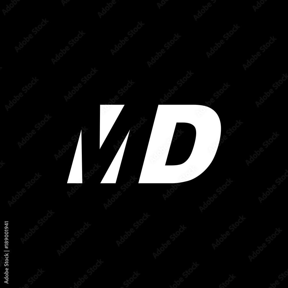 Initial letter MD, negative space logo, white on black background