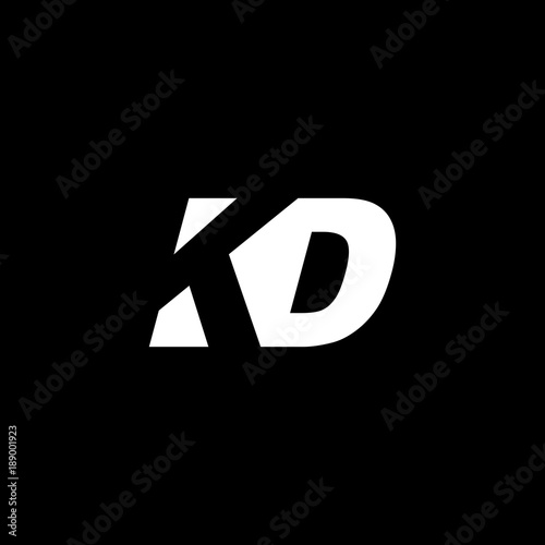 Initial letter KD, negative space logo, white on black background