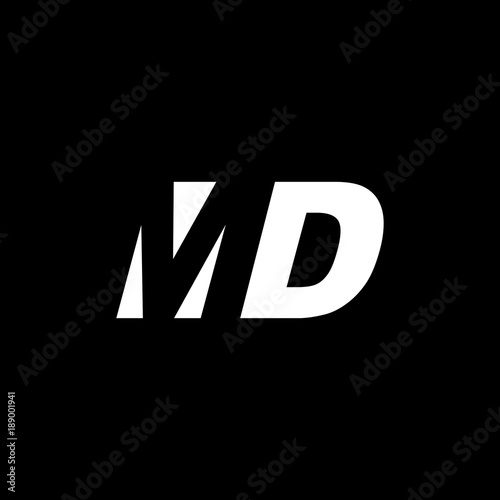 Initial letter MD, negative space logo, white on black background
