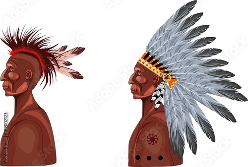 Contour of two native american indians in traditional headgears, isolated on white illustration photo