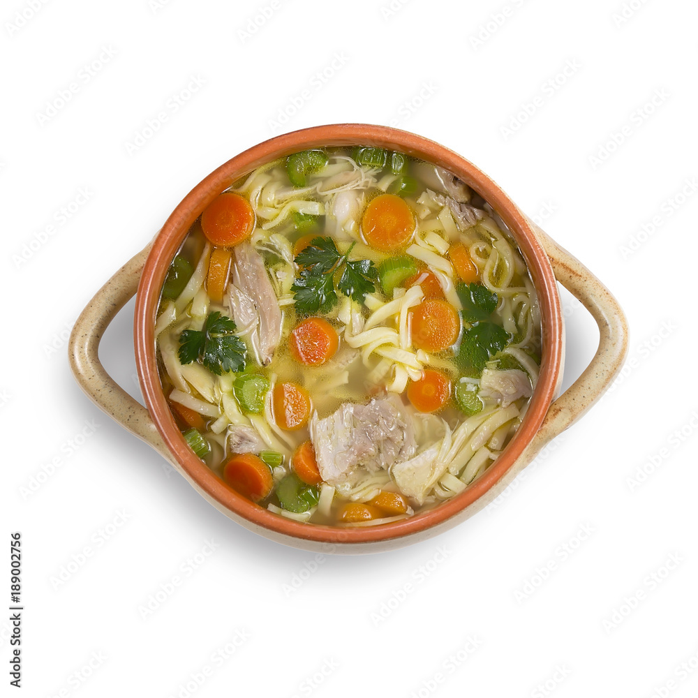Bowl of chicken soup on white background. High-angle shot. Bowl of chicken soup on white background. High-angle shot.