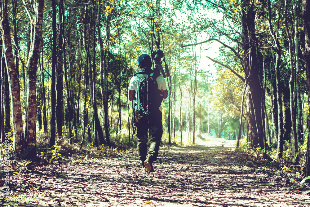 Naklejka premium Photographer asian man Traveling photograph Nature. travel relax in the holiday walk in the forest. travel relax in the holiday. Thailand
