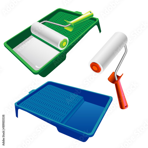 Paint roller and paint tray with ribbed roll off area for even loading. Paint roller for interior painting works. Green plastic handle. Realistic vecror illustration set isolated on white background