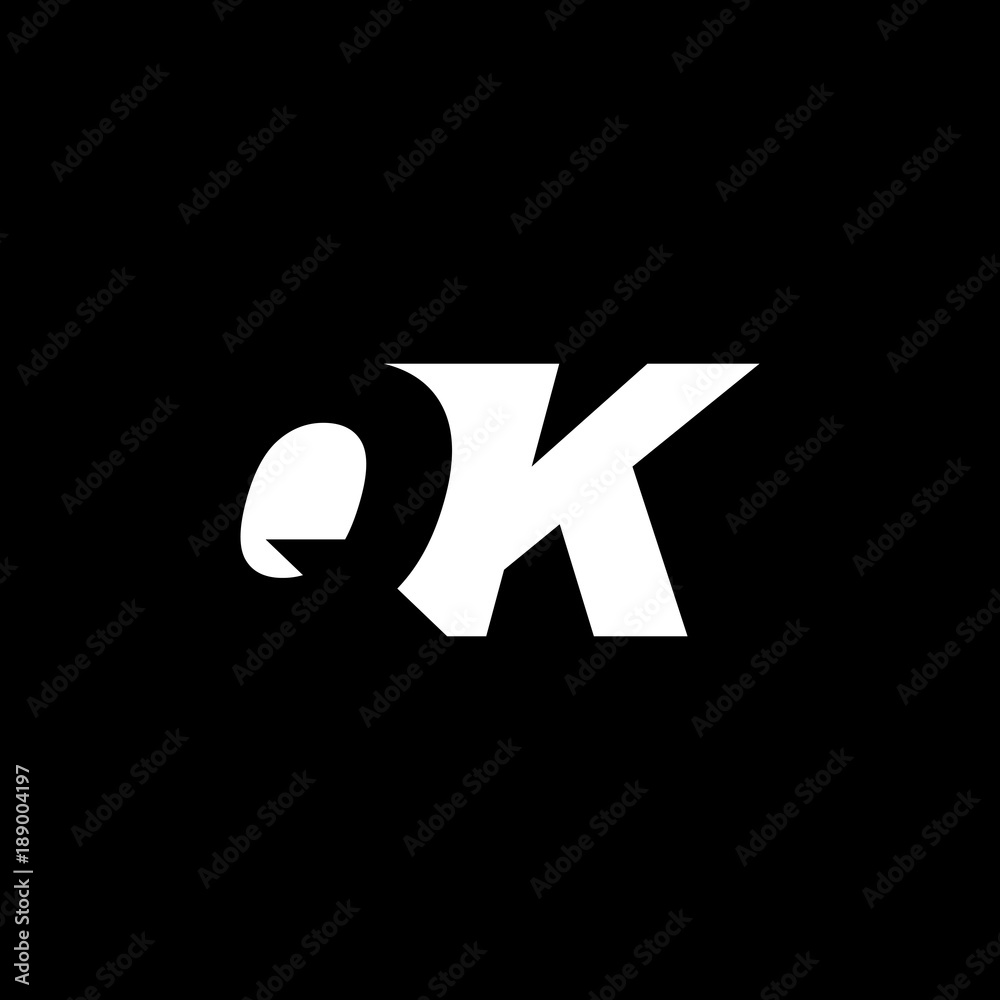 Initial letter QK, negative space logo, white on black background Initial letter QK, negative space logo, white on black background