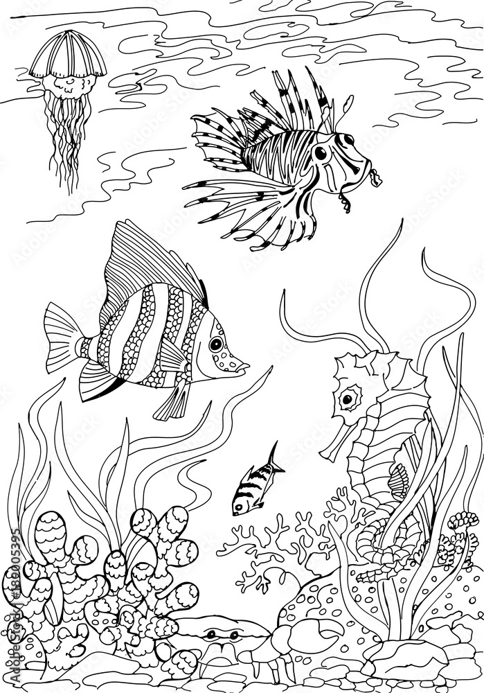 Naklejka premium Underwater world. Animals of the tropical seas. Freehand sketch drawing for adult antistress coloring book