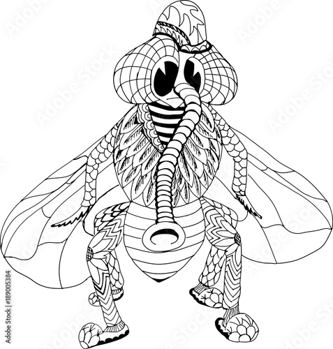 This fly imagines himself as an elephant. Freehand sketch drawing for adult antistress coloring book