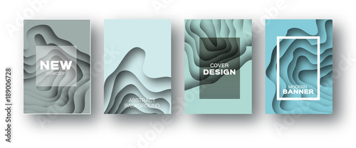 Blue Paper Cut Wave Shapes. Layered curve Origami design for business presentations, flyers, posters. Set of 4 vertical banners. 3D abstract map carving. Text. Frame.