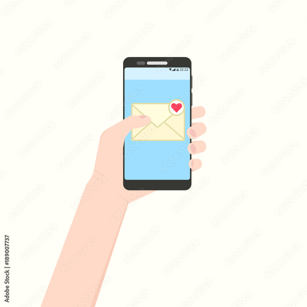 Left hand holding smartphone with new unread love message. European handle mobile phone with his finger touching yellow envelope sign on blue screen Left hand holding smartphone with new unread love message. European handle mobile phone with his finger touching yellow envelope sign on blue screen