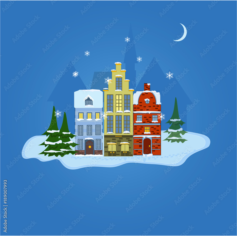 Flat winter houses with snow, moon, snowflakes and authentic houses. Christmas, New Year, winter season and travel concept composition, copy space
