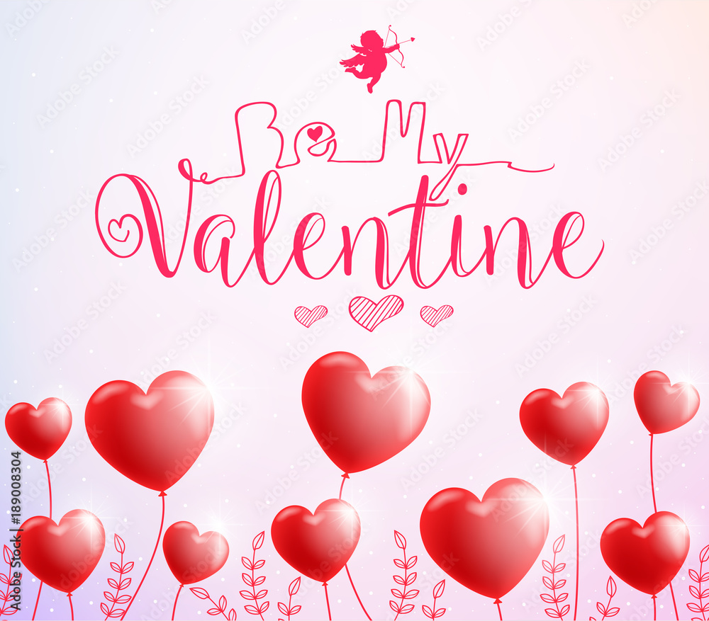 Be My Valentine Poster with Red Heart Balloons for Valentines Day. Vector Illustration.
