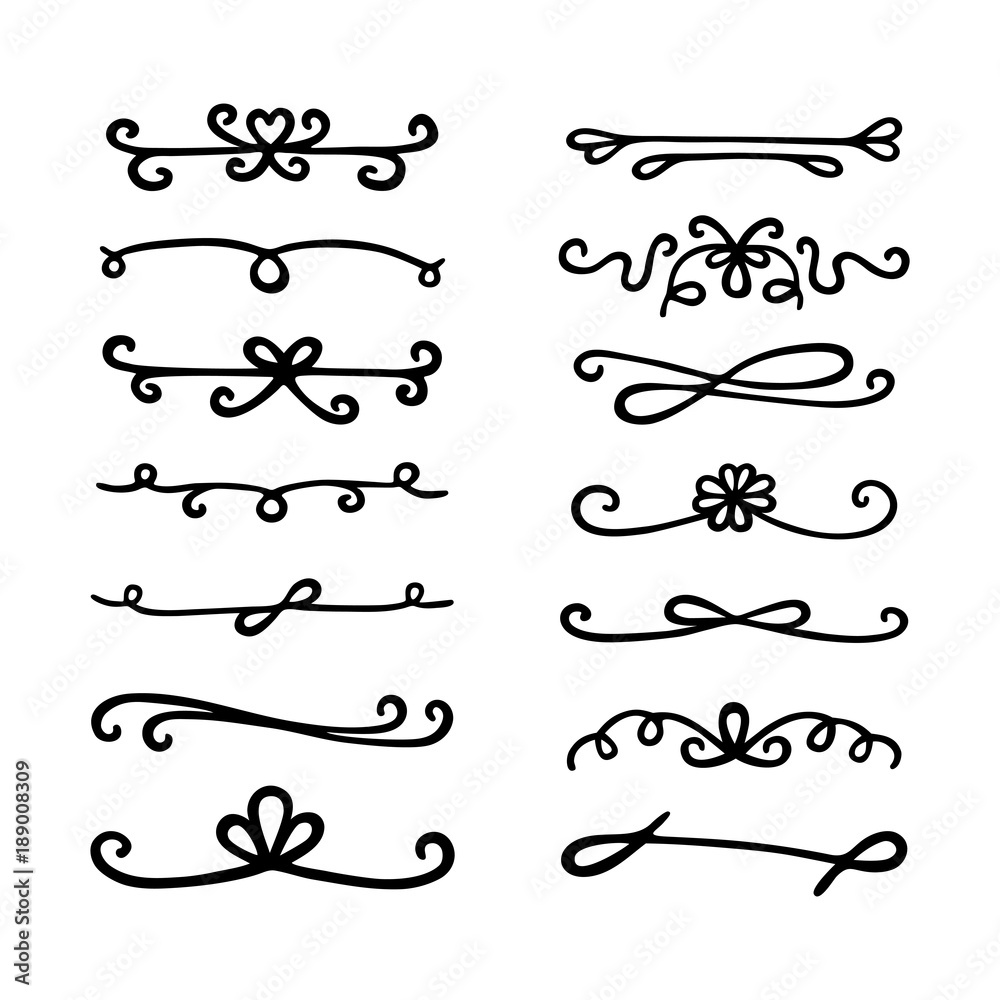 Obraz premium Hand drawn dividers and border lines. Ribbons, bows. Set of black vector design elements.