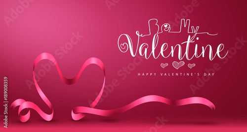 Be My Valentine Banner with Heart Vector Happy Valentines Day Greeting in Magenta Background. Vector Illustration.
