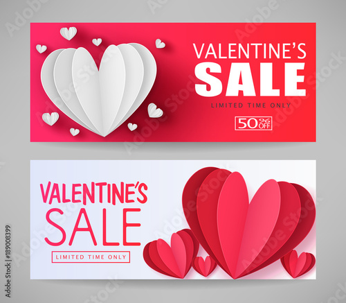 Valentines Sale Limited Time Only Red and White Promotional Banners with Paper Style Hearts in Gray Background.
