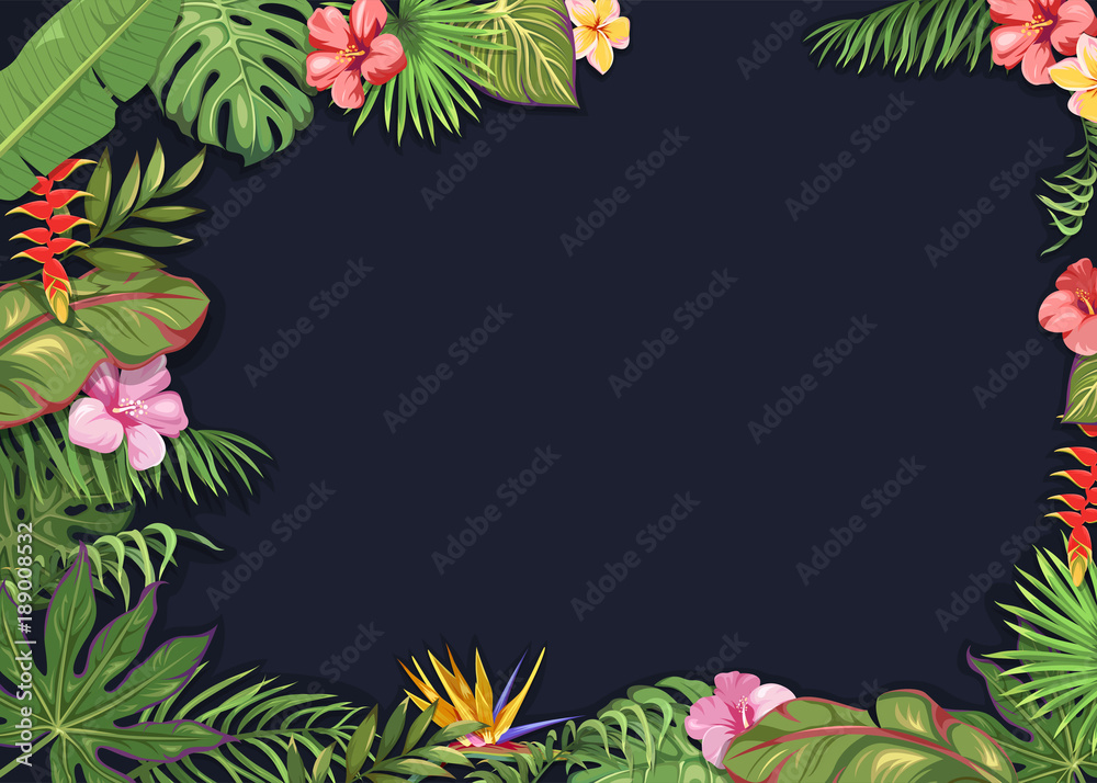 Dark background with tropical flowers and leaves