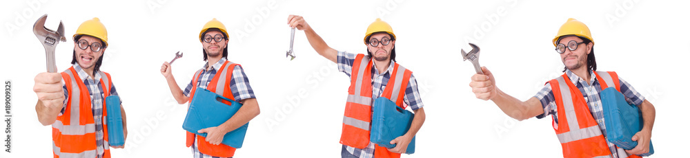 Funny young construction worker with toolbox and wrench isolated Funny young construction worker with toolbox and wrench isolated