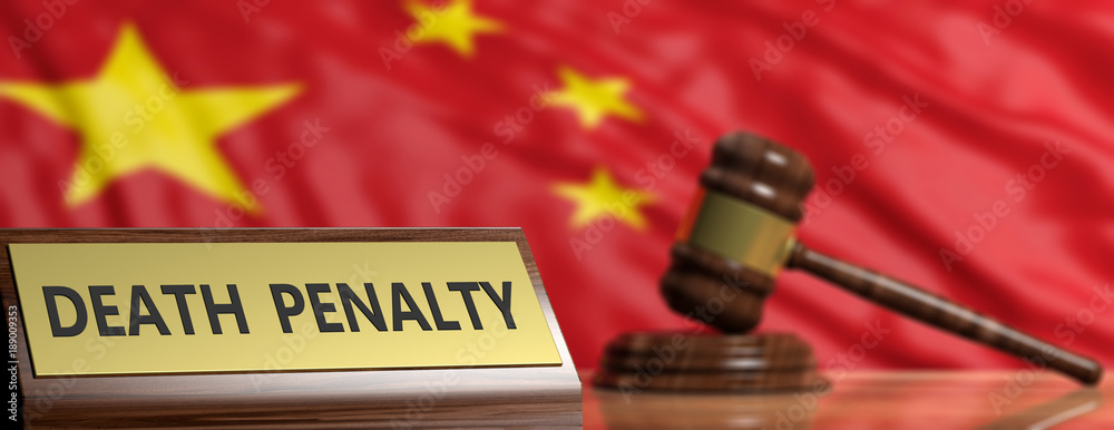 Death penalty in China. Judge gavel on China flag background. 3d illustration