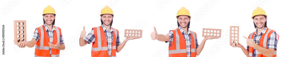 Young bricklayer with brick isolated on white Young bricklayer with brick isolated on white