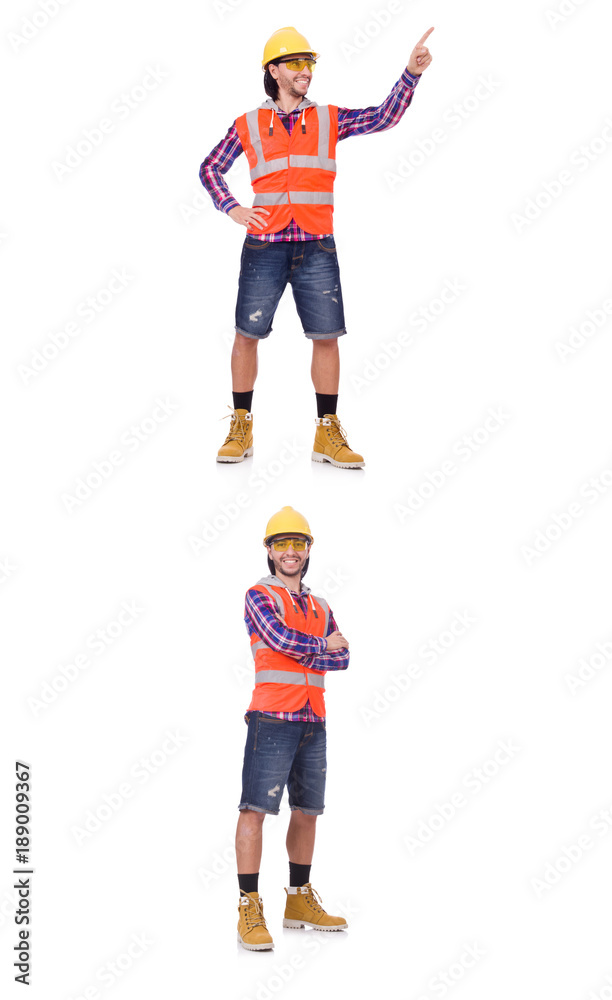 Young construction worker pressing vurtual button isolated on wh Young construction worker pressing vurtual button isolated on wh