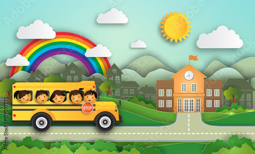Fototapeta Naklejka Na Ścianę i Meble -  Illustration of Year 2018 Education concept welcome back to school!  School bus with cute kids.The cheerfully of the children to enter the higher education. vector paper art and craft style