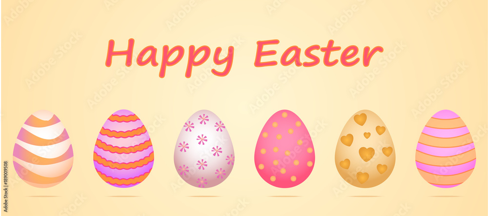A set of six eggs for the celebration of Happy Easter. A pattern in gentle pastel shades, the main colors are yellow, pink. Vector pattern is made in a cute cartoon style. A set of six eggs for the celebration of Happy Easter. A pattern in gentle pastel shades, the main colors are yellow, pink. Vector pattern is made in a cute cartoon style.