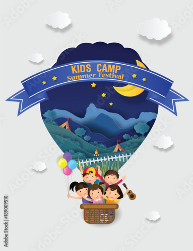 Illustration of  kids summer camp education with balloon. The cheerfully of the children going to camping for doing activities enjoy on daytime. vector paper art and craft style