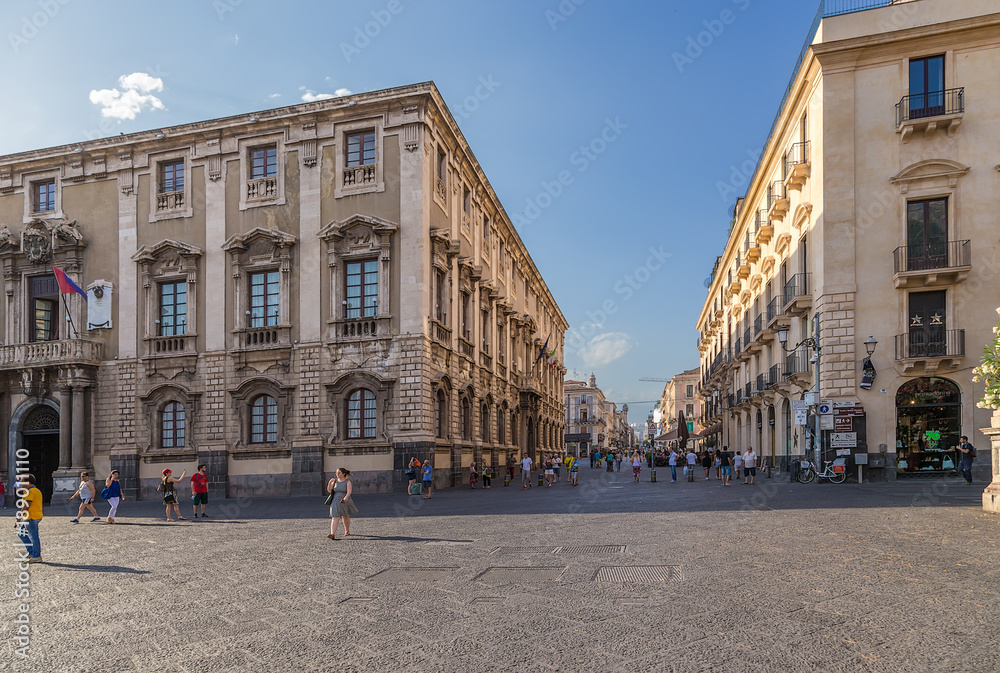 Catania, Sicily, Italy. Evening view of one of the streets of the historic center