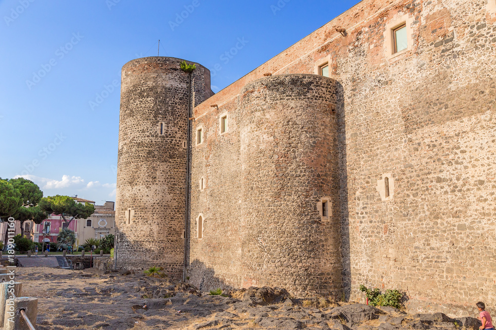 Catania, Sicily, Italy. The wall and towers of Castello Ursino Castle, 1239-1250.