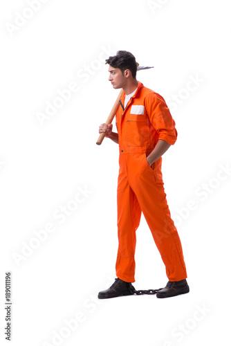 Prisoner with axe isolated on white background