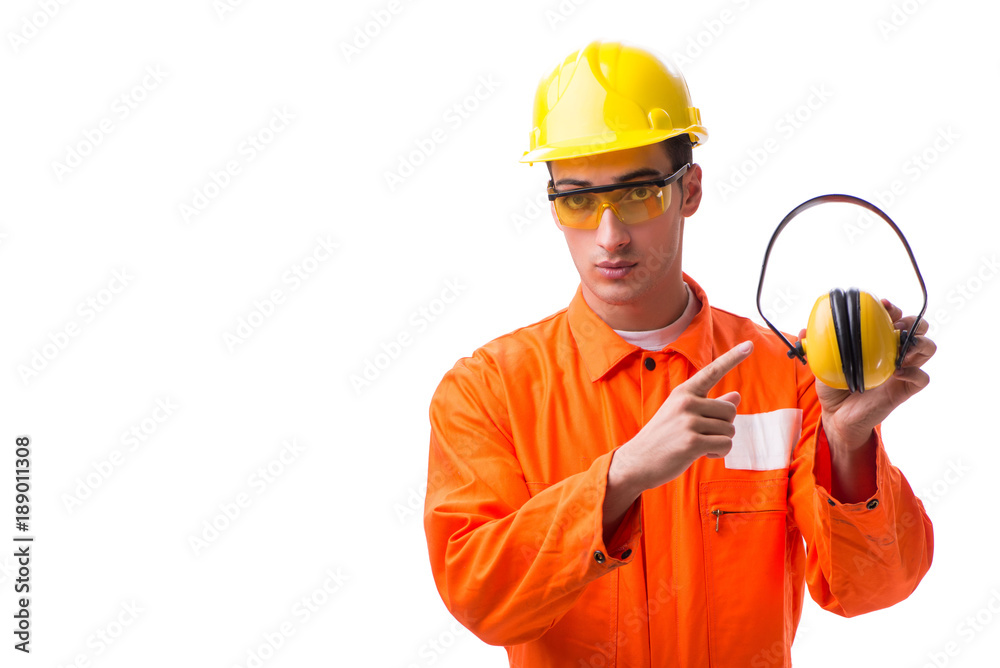 Construction worker with noise cancelling earphones Construction worker with noise cancelling earphones
