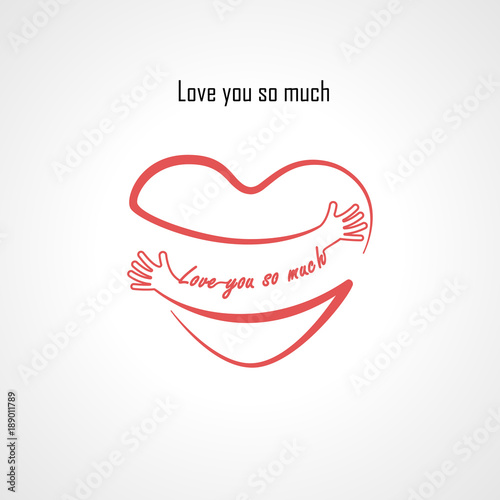 "Love You So Much" typographical design elements and Red heart shape with hand embrace.Hugs and Love yourself sign.Health and Heart Care icon.Happy valentines day concept.
