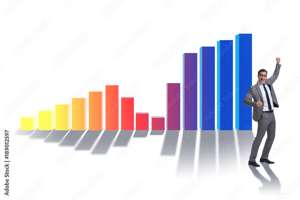 Young businessman in business concept with bar charts Young businessman in business concept with bar charts