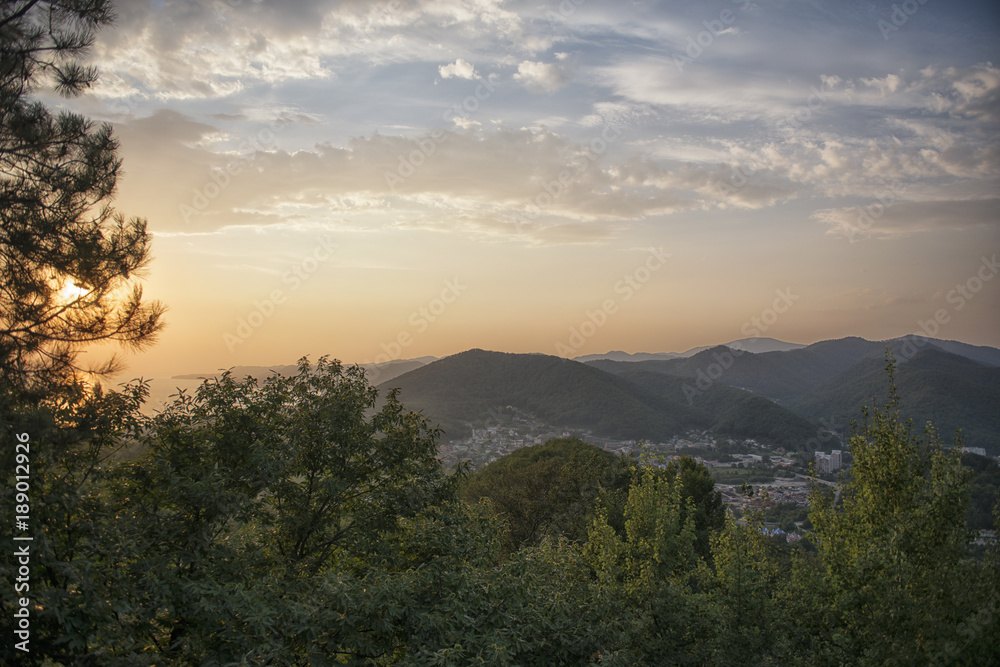 Beautiful colorful evening scenery of the mountain and sea bay view. Tuapse region, Russia. Beautiful colorful evening scenery of the mountain and sea bay view. Tuapse region, Russia.