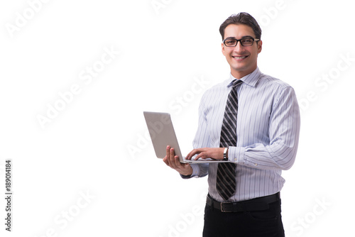 Young businessman with laptop isolated on white background