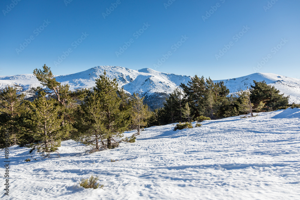 Snowy mountains in the port of Cotos in Guadarrama, Madrid
