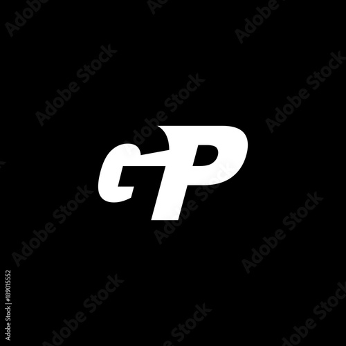 Initial letter GP, negative space logo, white on black background