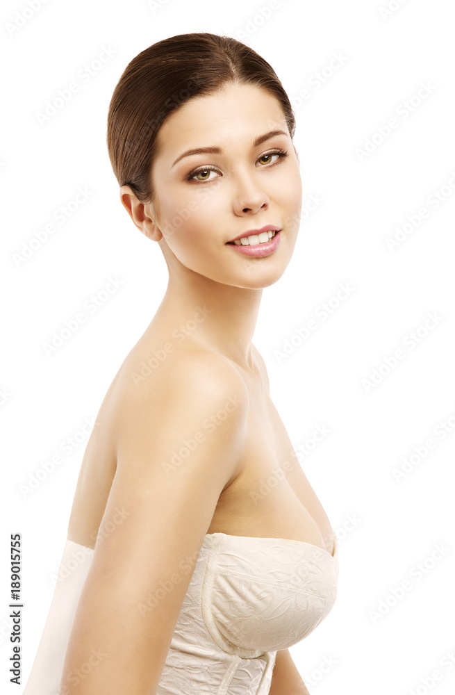 Woman Natural Face Beauty Portrait, Young Beautiful Model Isolated on White background Looking at camera Woman Natural Face Beauty Portrait, Young Beautiful Model Isolated on White background Looking at camera