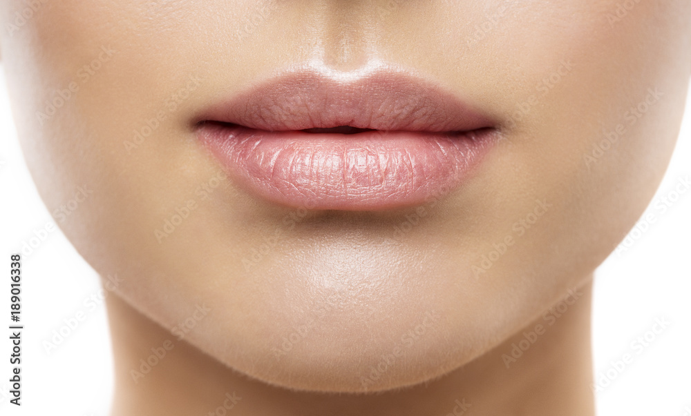 Lips Beauty Closeup, Woman Natural Face Make Up, Beautiful Full Lip and Pink Lipstick