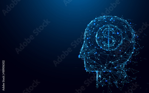 Fototapeta Naklejka Na Ścianę i Meble -  Abstract Head and Money dollar sign form lines and triangles, point connecting network on blue background. Illustration vector