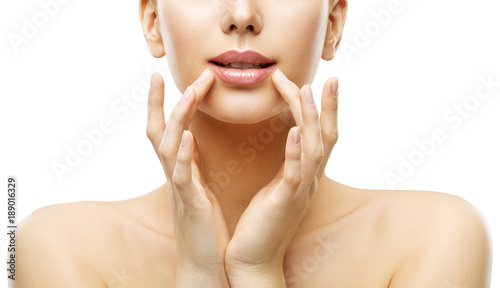 Woman Lips Care and Face Beauty Make Up, Model Touching Lip by Hands, Natural Skin Makeup, White Isolated