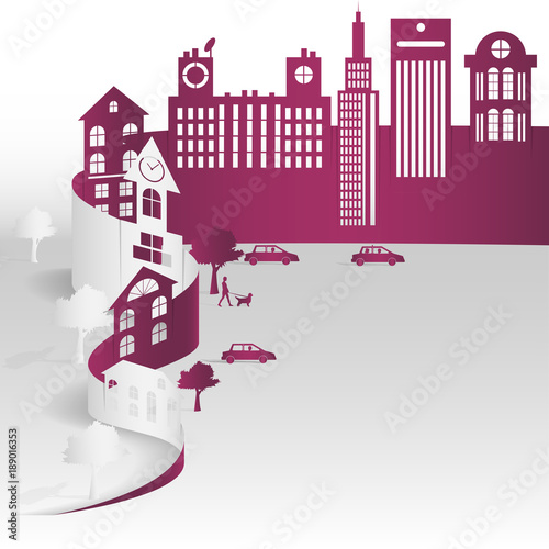 Sheet paper art of city. Vector illustration design. purple color.