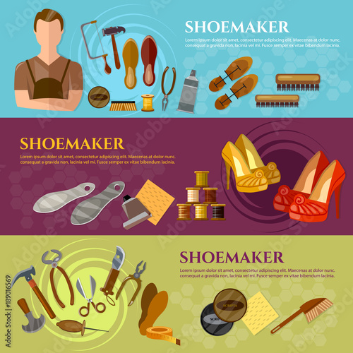 Shoemaker banners shoemaker in the workplace professional equipment cobbler shoe repair shoe care vector