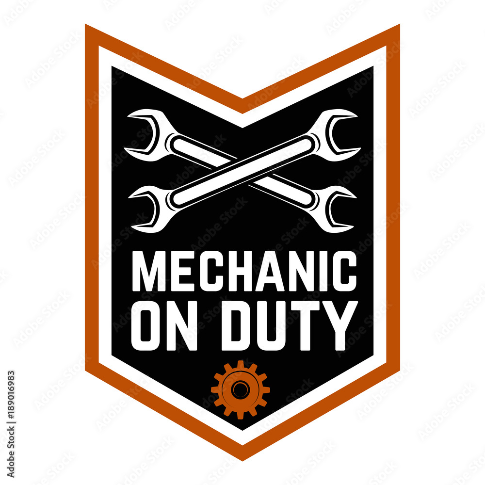 Mechanic on duty. Emblem template with crossed wrenches.Car repair. Design element for logo, label, emblem, sign.