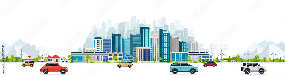 Φωτογραφία Urban landscape with large modern buildings, skyscrapers and suburb with private houses on a background mountains and hills