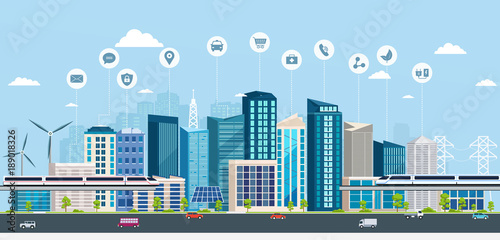 Smart City with business signs. Online concept modern city. City landscape with transport infrastructure
