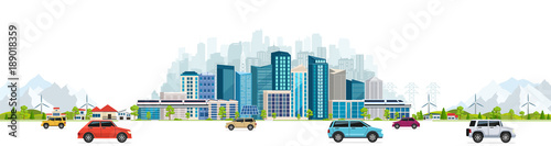 Urban landscape with large modern buildings, skyscrapers and suburb with private houses on a background mountains and hills. Street, highway with cars on white background.