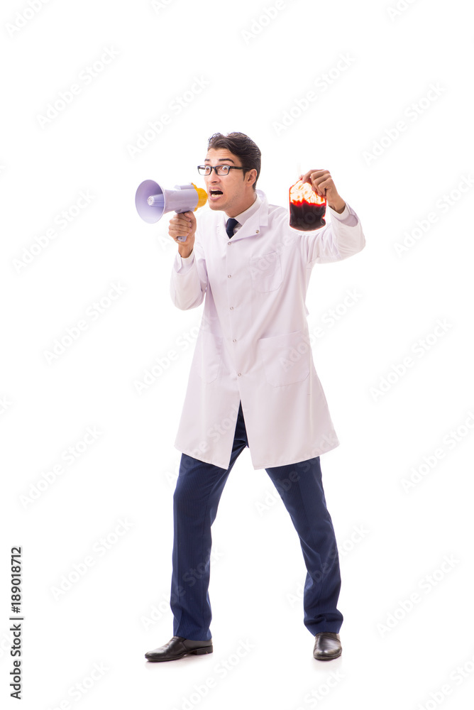 Doctor in blood donation concept isolated on white Doctor in blood donation concept isolated on white