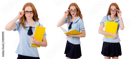 Young student with notebooks isolated on white